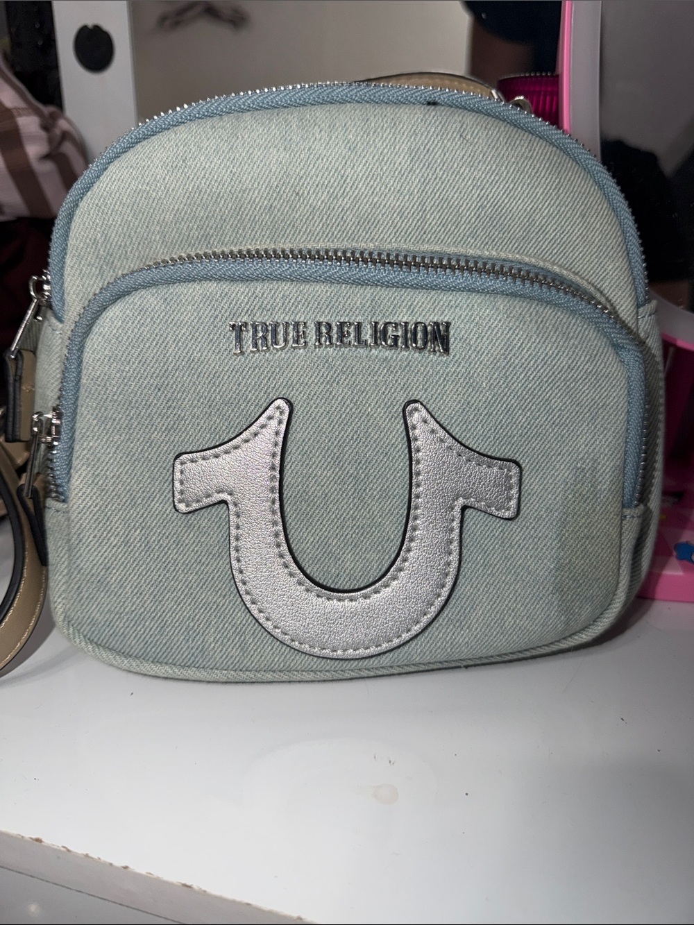 True Religion Light Wash Denim Mini Crossbody with Silver Logo